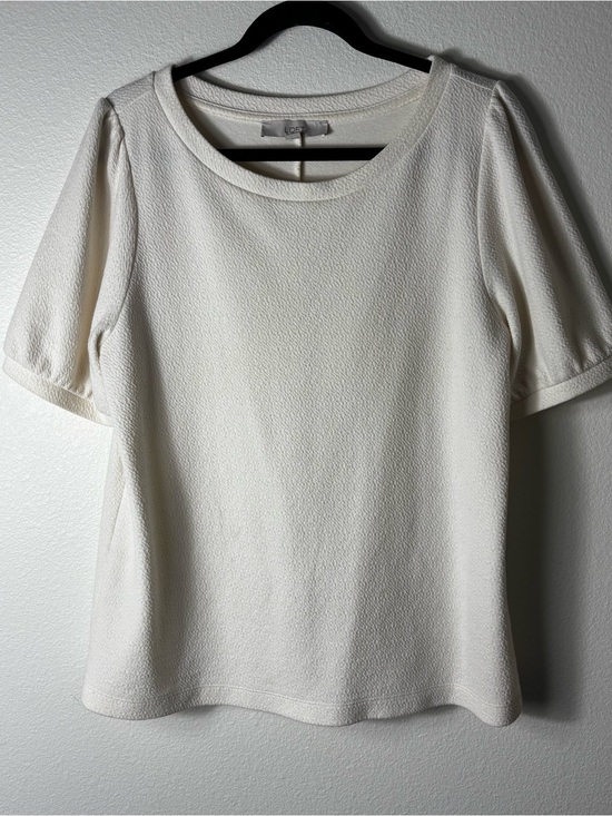 LOFT Tops - LOFT Large Ivory Textured Knit Puff Sleeve Top Keyhole Back Blouse